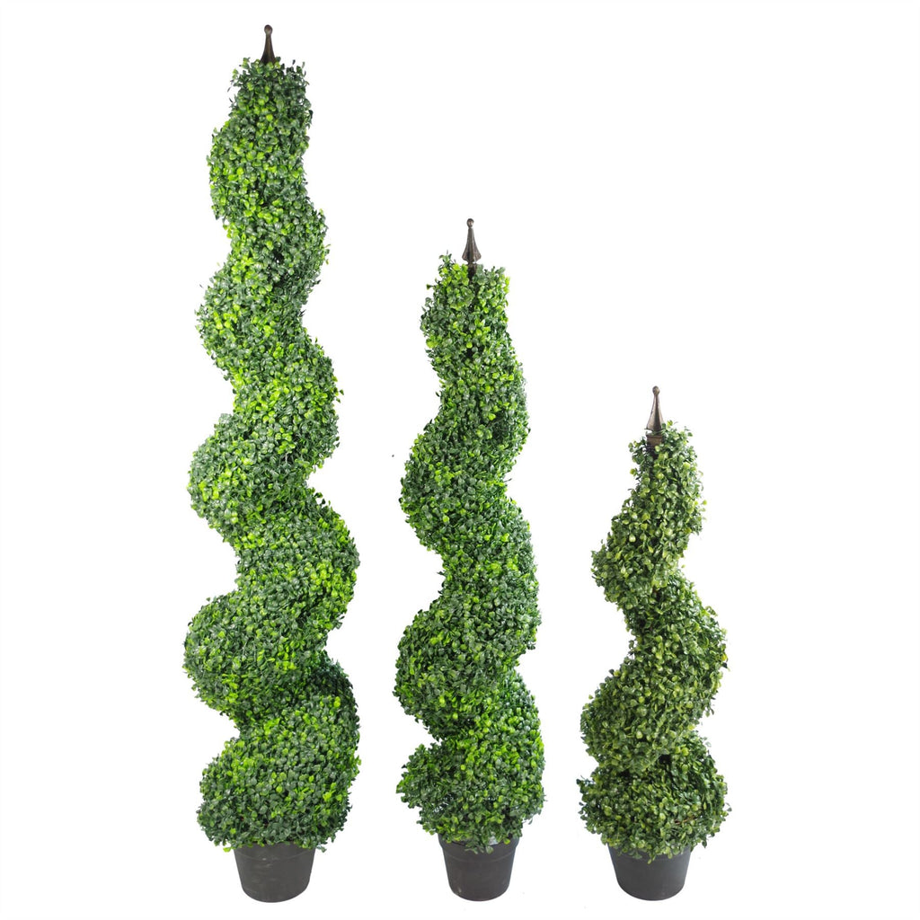 Pair of 120cm (4ft) Tall Artificial Boxwood Tower Trees Topiary Spiral Metal Top