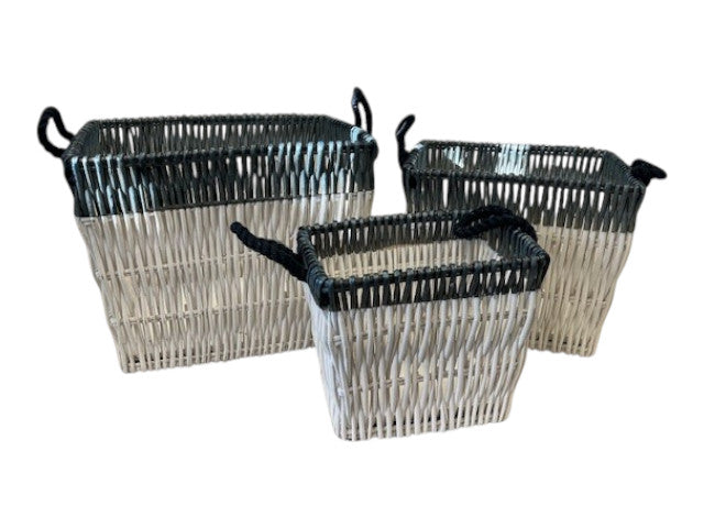 White and blue wicker baskets (set of 3)