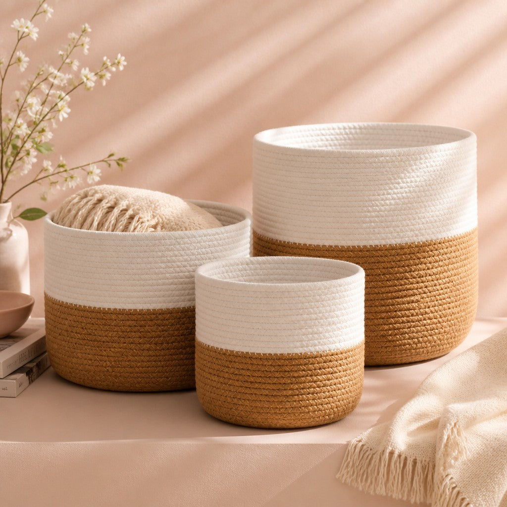 Set of 3 Cotton Rope Storage Baskets - White
