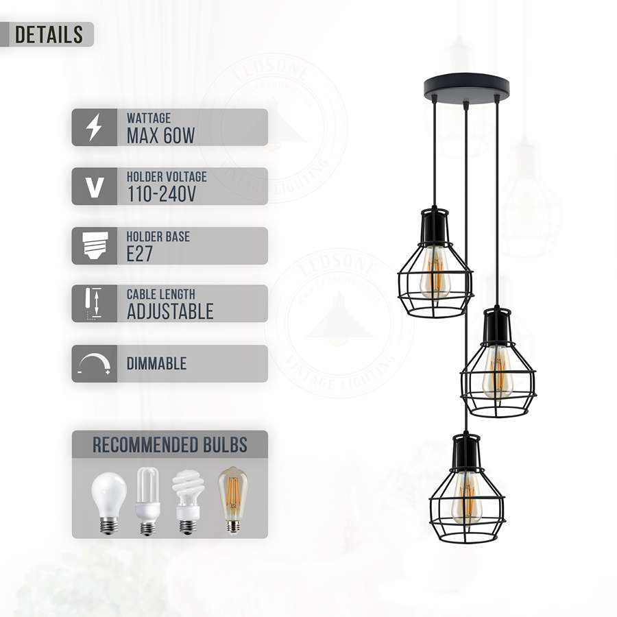 Industrial 3 Light Metal Cage Shade Hanging Pendant Light ~ 5125