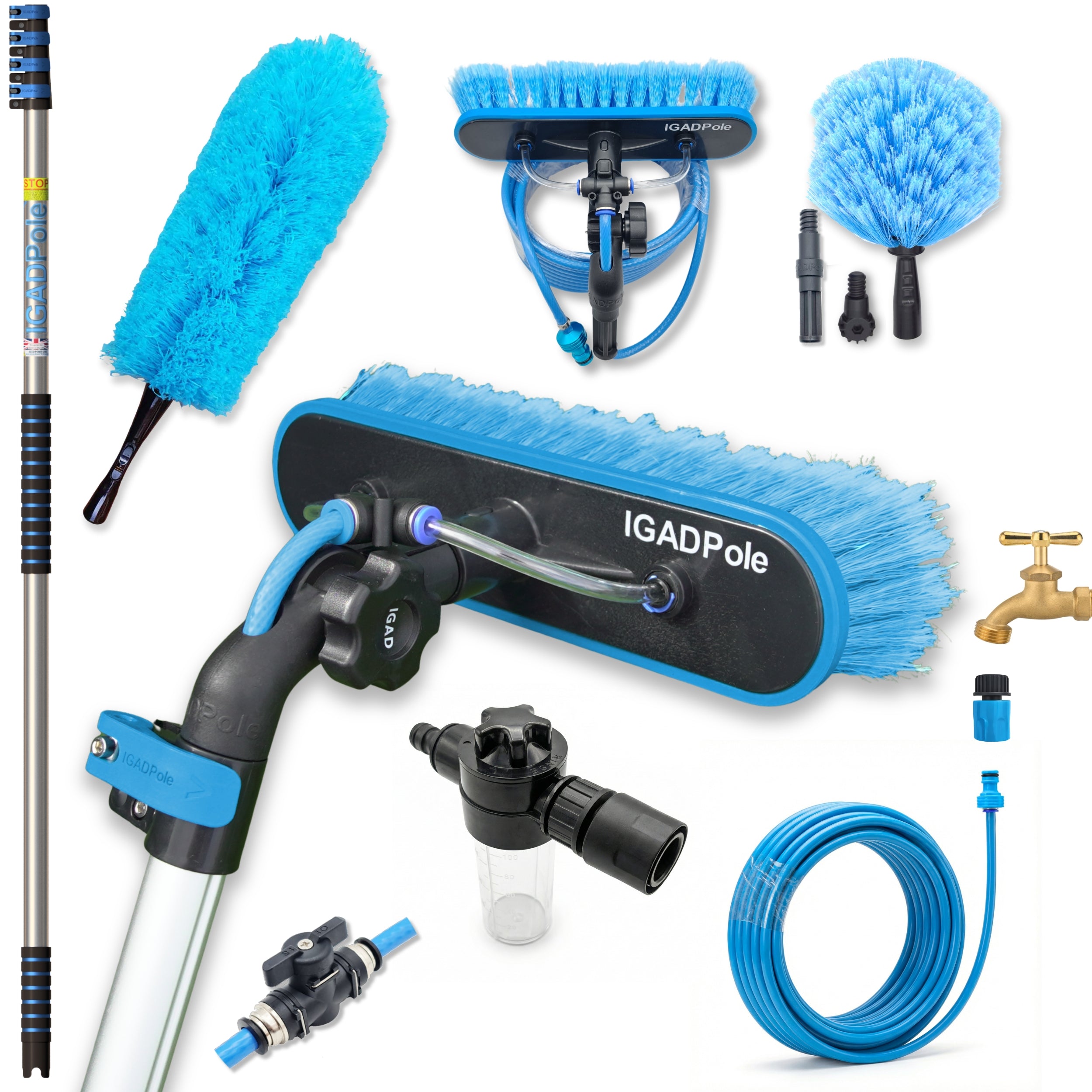 IGADPole 5m (17ft) Water-Fed Pole Cleaning Kit – Includes Water-fed Brush, Cobweb & Microfibre Duster, Soap Dispenser & Hose Tap