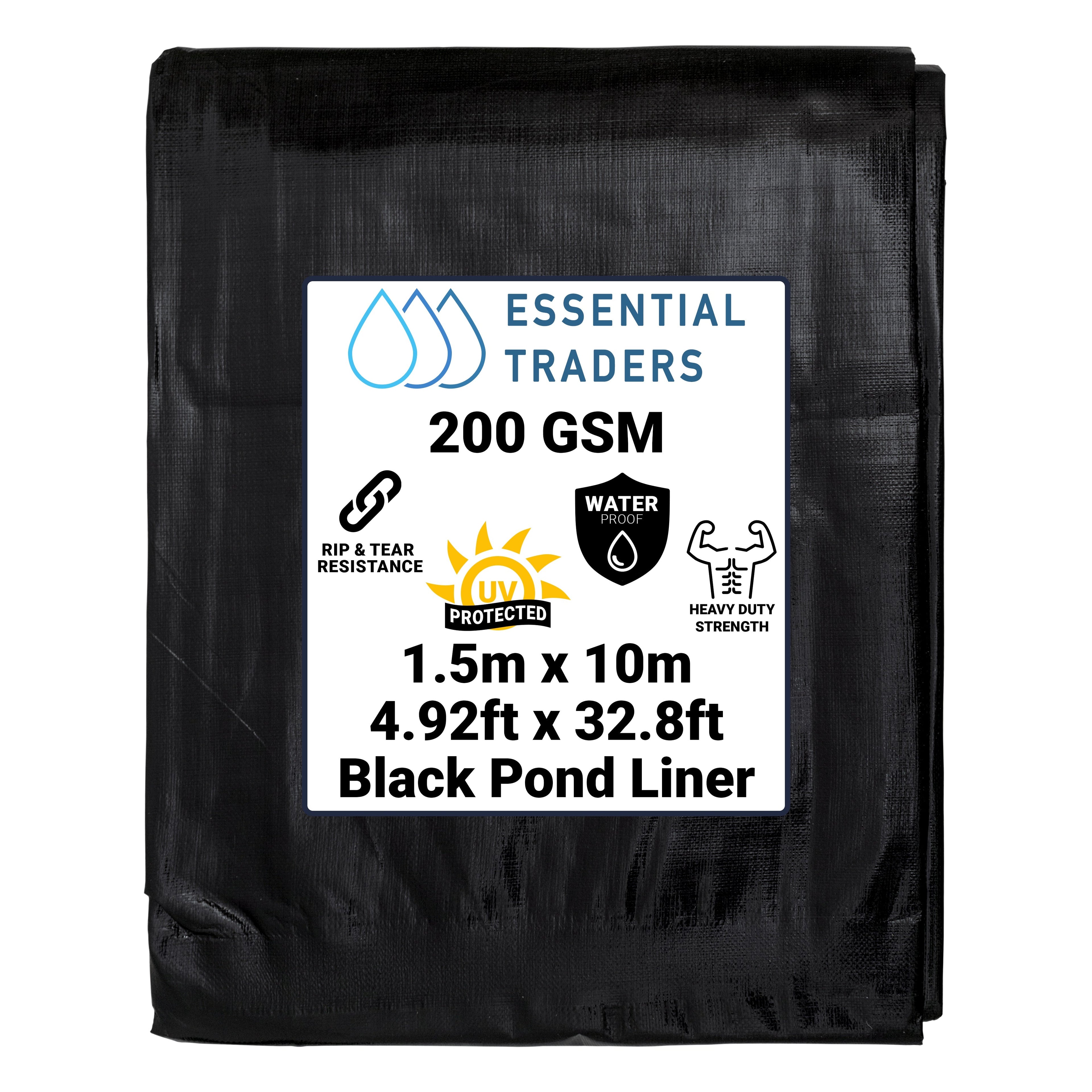 1.5m x 10m Black Pond Liner, L-Grade 200 GSM