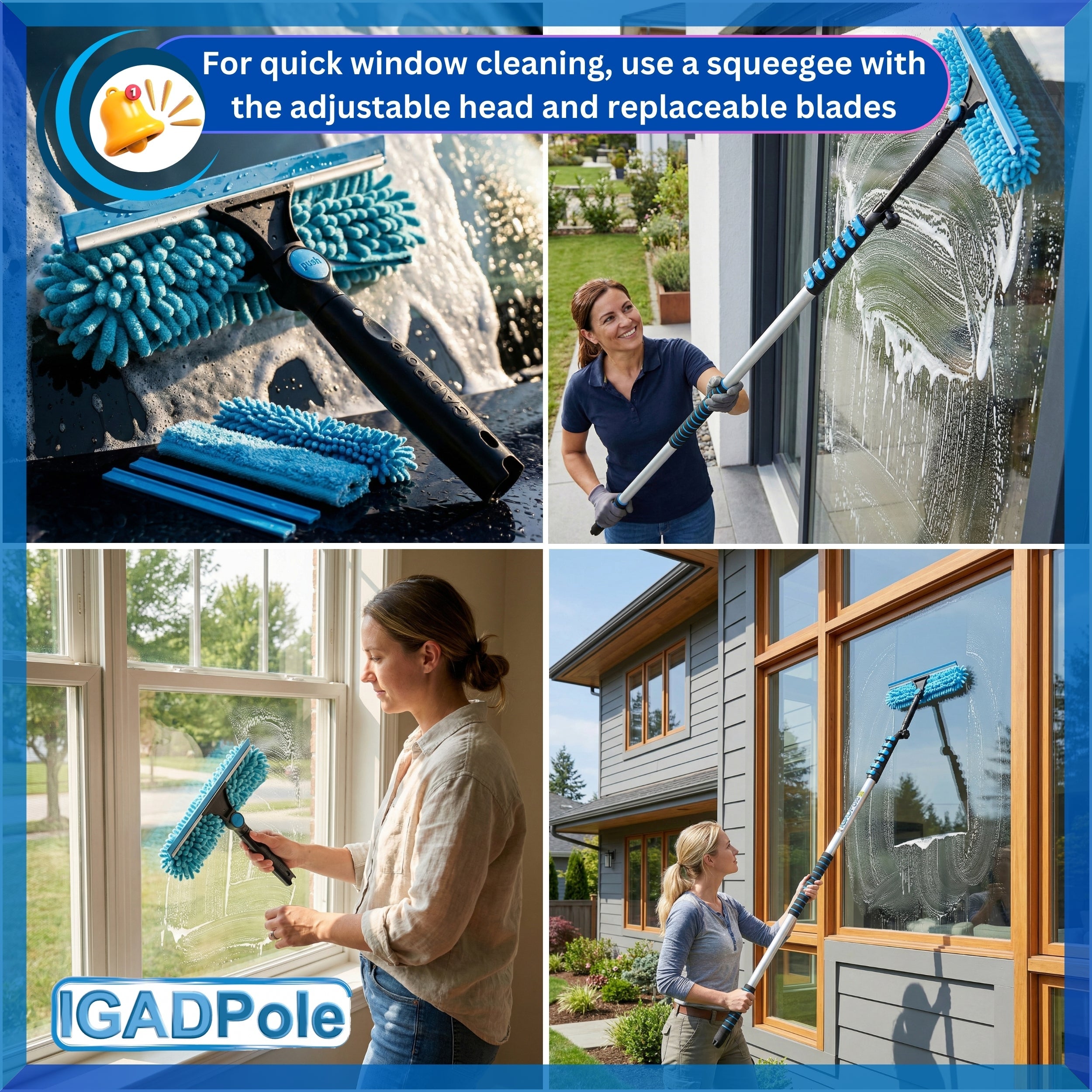 IGADPole Water-fed Brush, Cobweb Duster and 10"(25cm) Squeegee (No Pole Included)