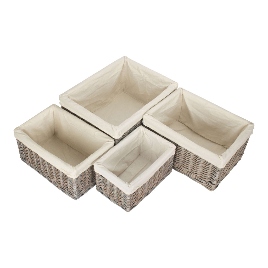 Grey Wash White Cotton Lined Willow Storage Baskets