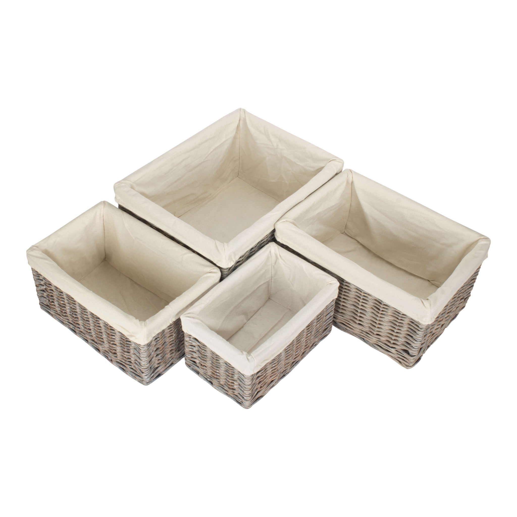 Grey Wash White Cotton Lined Willow Storage Baskets