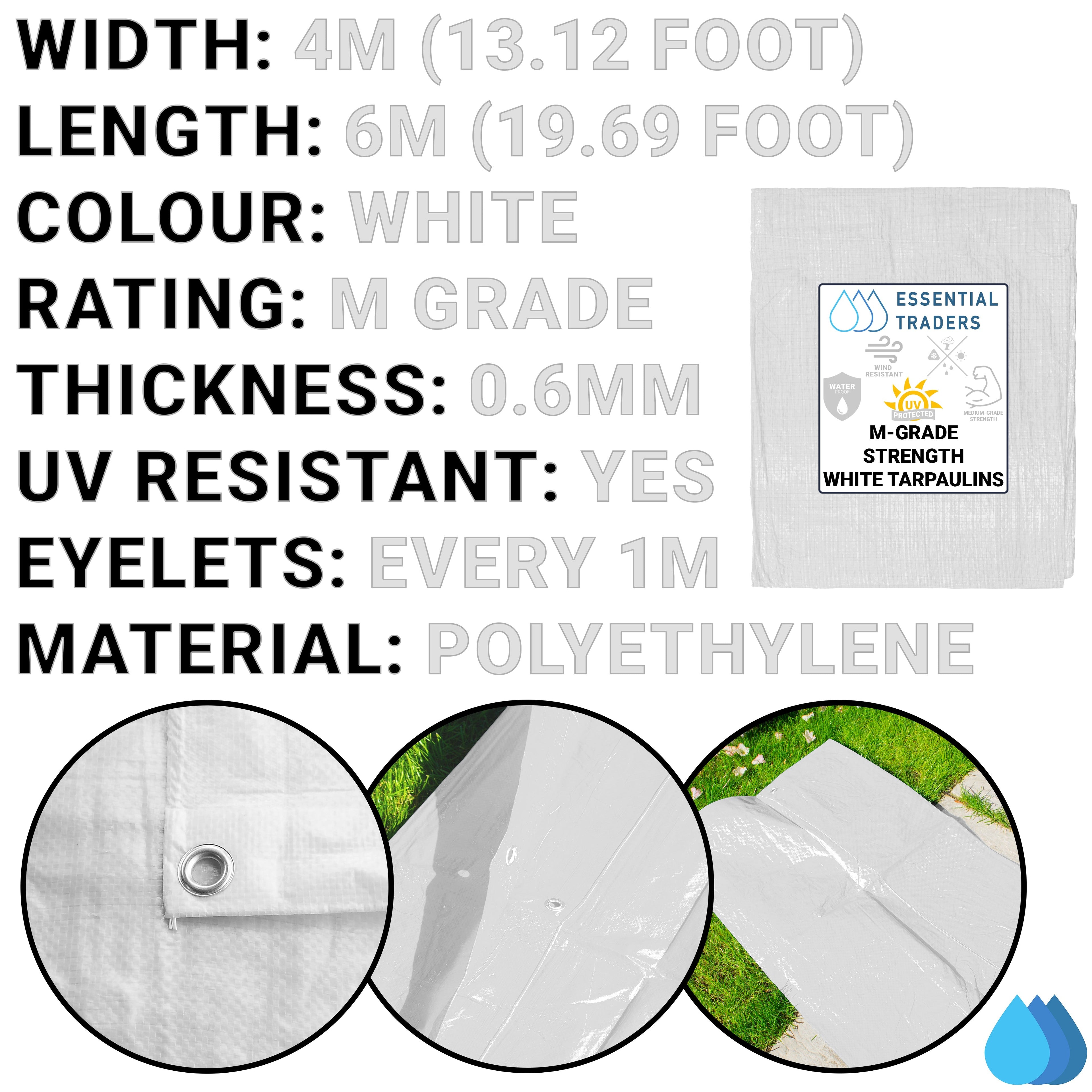 4m x 6m White Tarpaulins, M-Grade 90 GSM