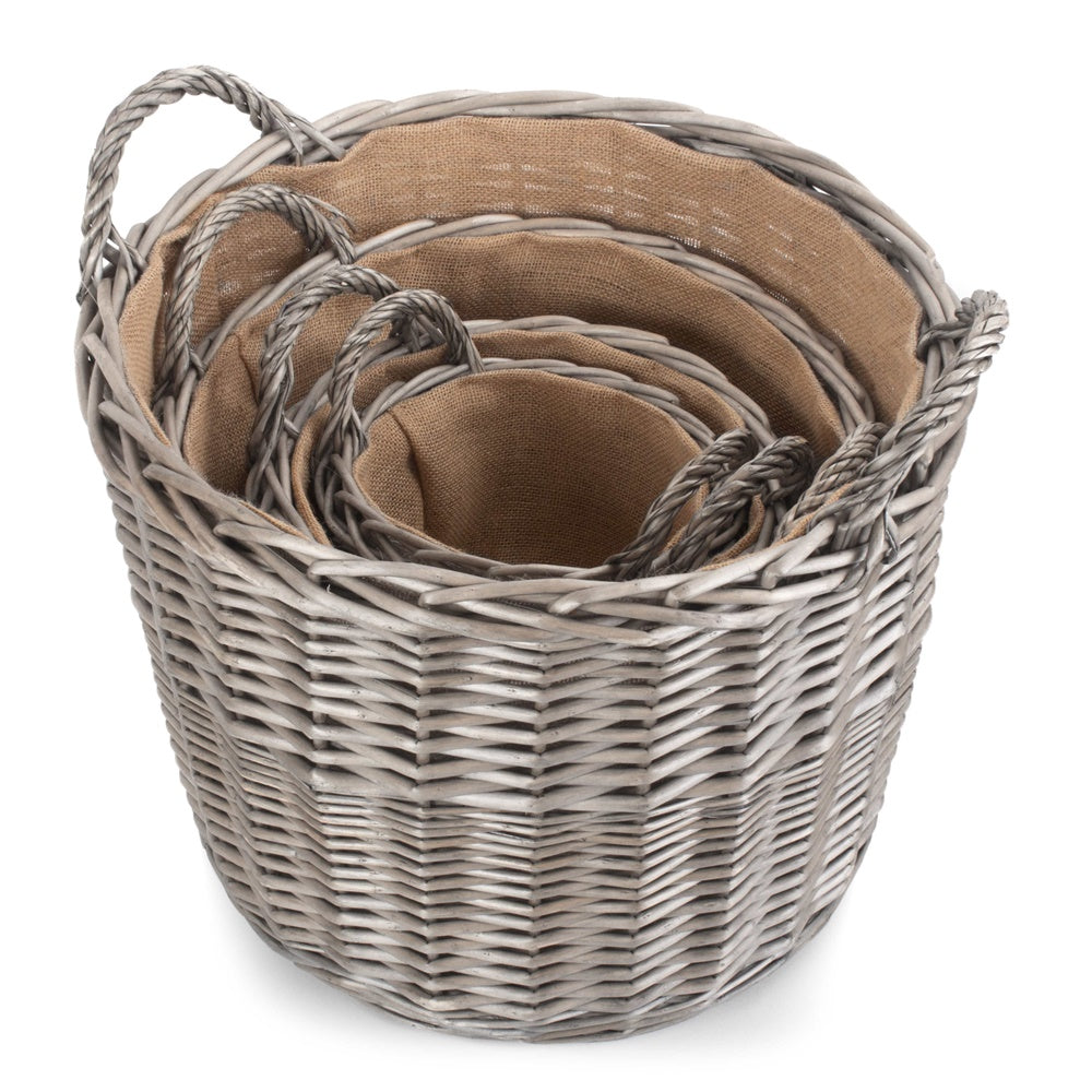 Round Antique Wash Finish Wicker Lined Wicker Log Basket