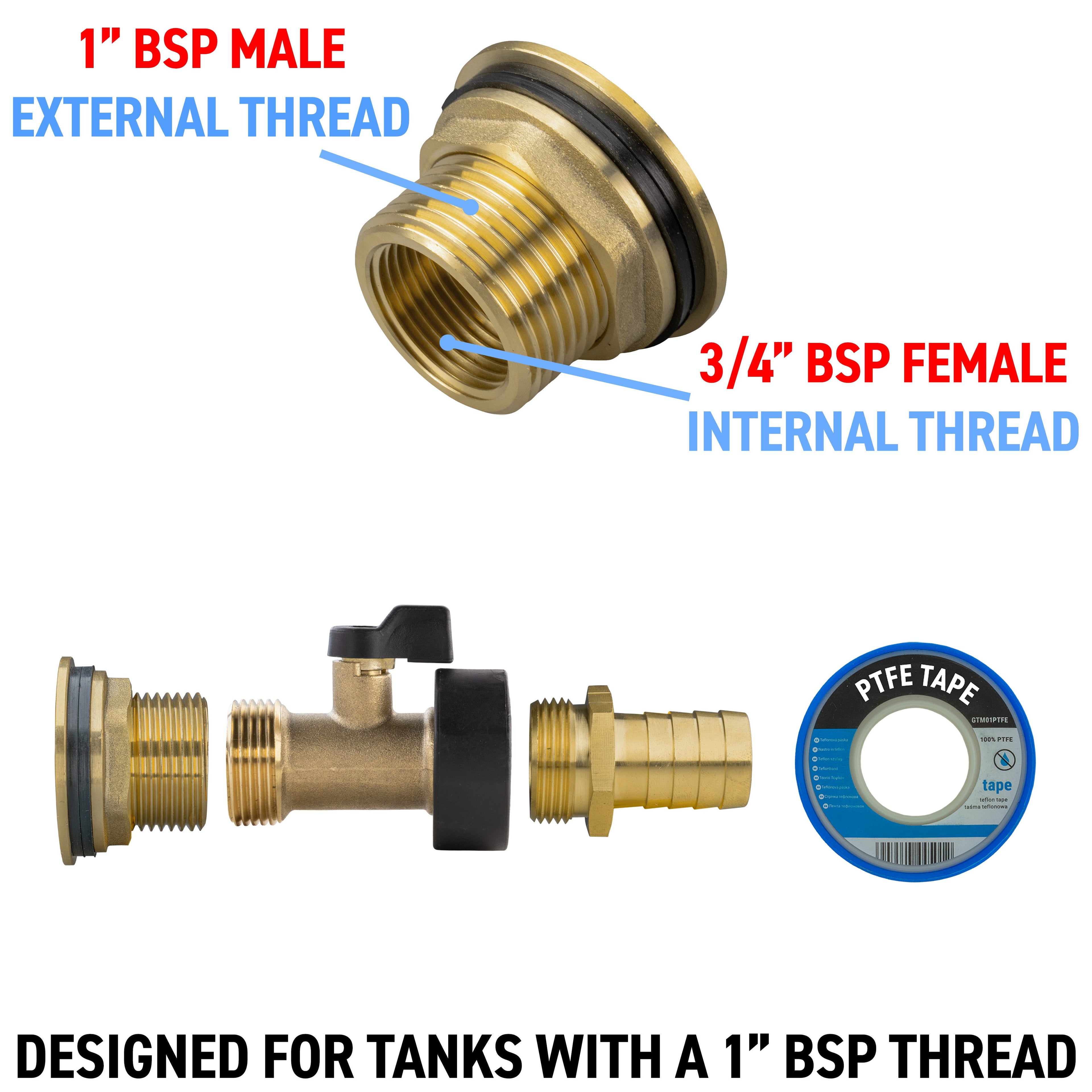 Water Butt Brass Kit 1in with Brass Valve + 19mm Barb and Drill Bit