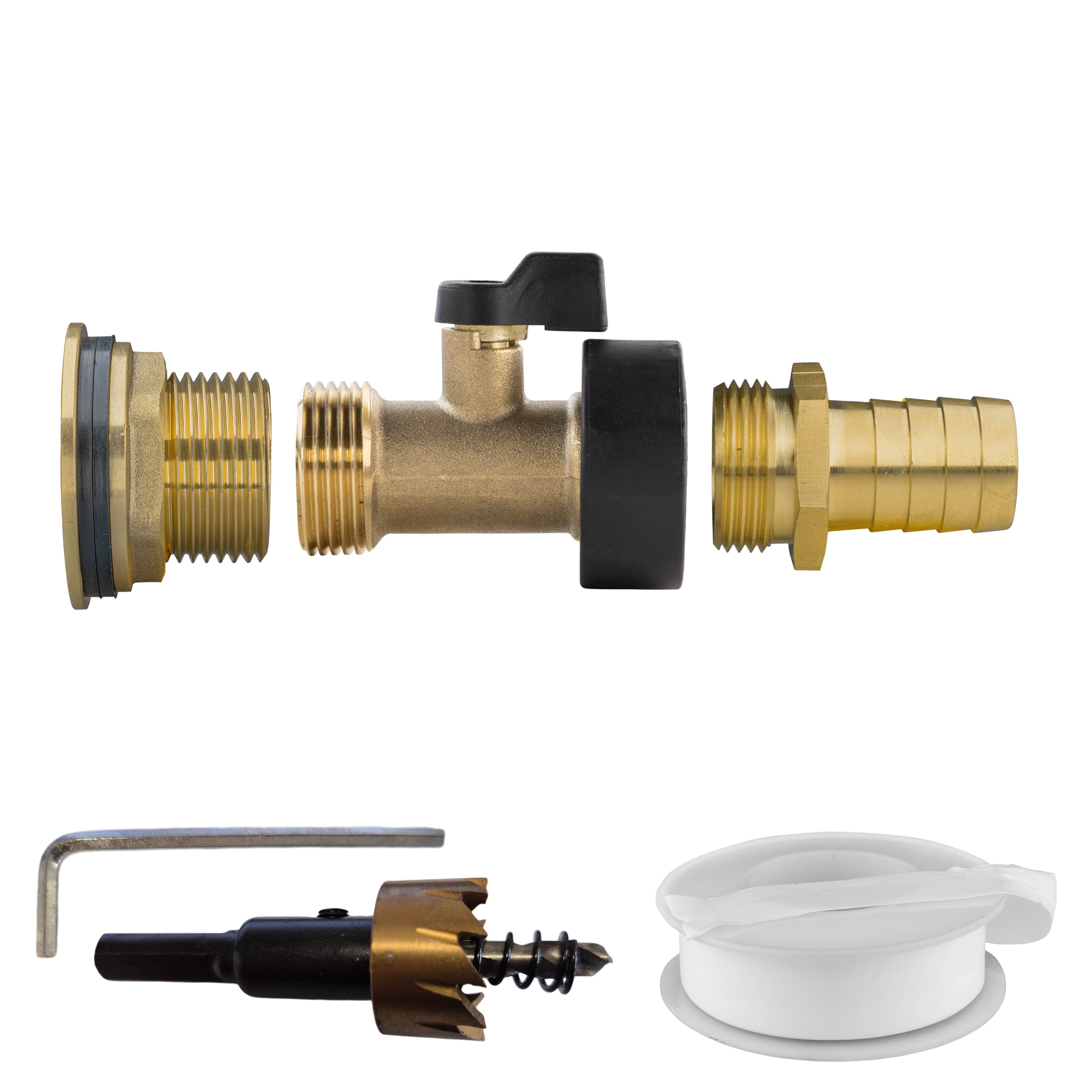 Water Butt Brass Kit 1in with Brass Valve + 19mm Barb and Drill Bit