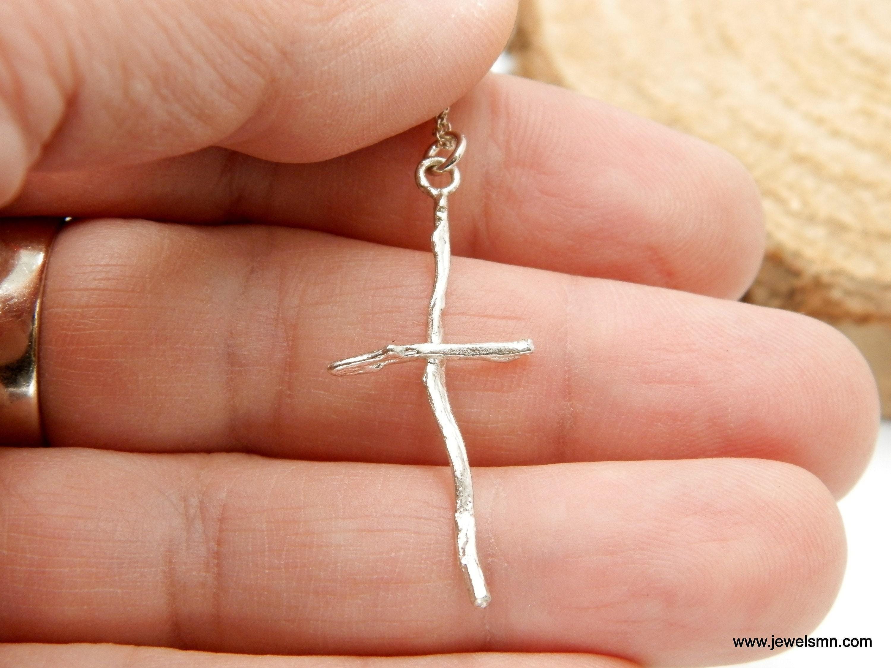 Silver Cross Jewelry Necklace, Olive Branch Twig Pendant, Handmade Unique Gift Cross Jewelry, Sterling Silver 925