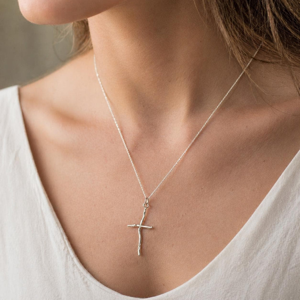 Silver Cross Jewelry Necklace, Olive Branch Twig Pendant, Handmade Unique Gift Cross Jewelry, Sterling Silver 925